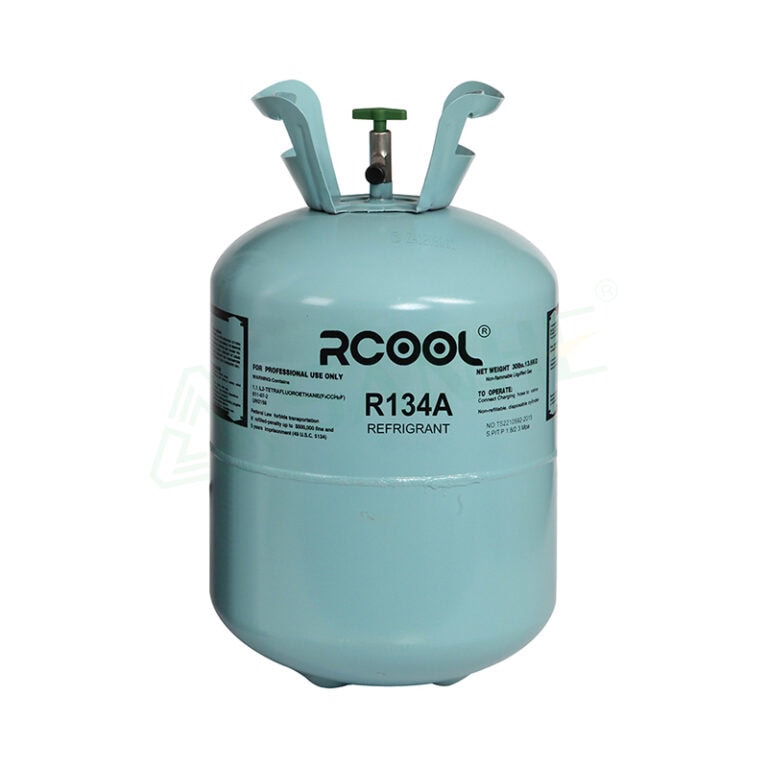 Image of a refrigerant gas R134A cylinder used in HVAC systems, showcasing the R134A label and safety valve.